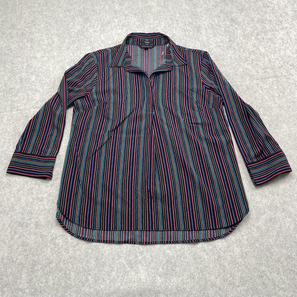 Investments Paige Blouse Womens Small Multicolor Stripe Collared 3/4 Sleeve Top